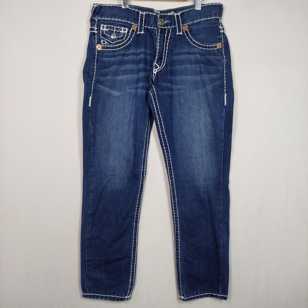 True Religion Super T Straight Leg Jeans Blue Contrast Stitch Made in USA 32